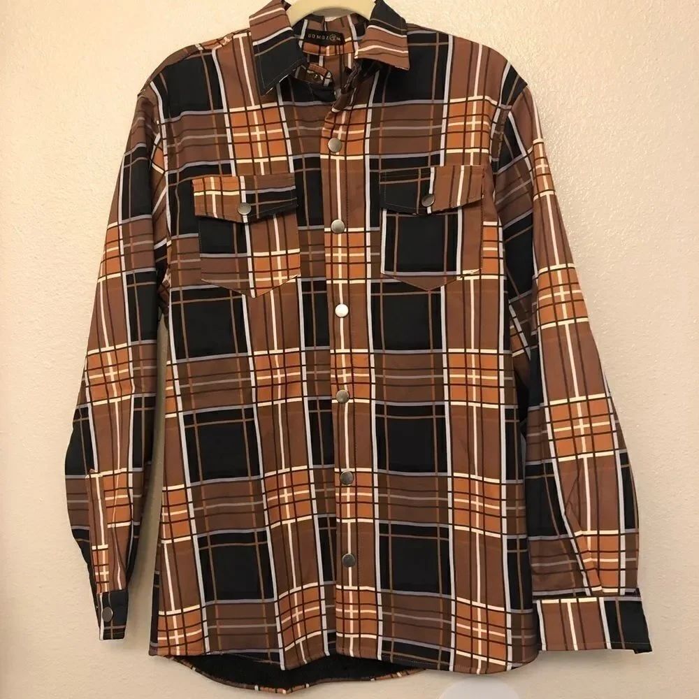 Uomoz Stretchy fleece lined long Sleeve collared snap plaid shacket jacket -L